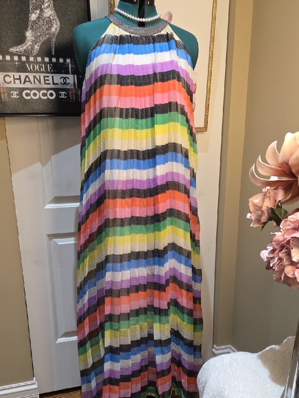 Nwot Large New York Company Colorful Striped Halter Maxi Dress With Belt